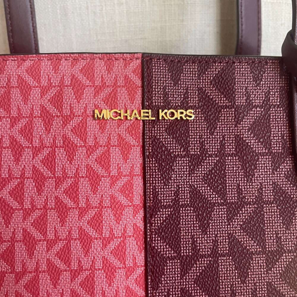 Michael Kors Jet Set Medium Tote | Colorblock MK Logo Pink Burgundy - Picture 3 of 14